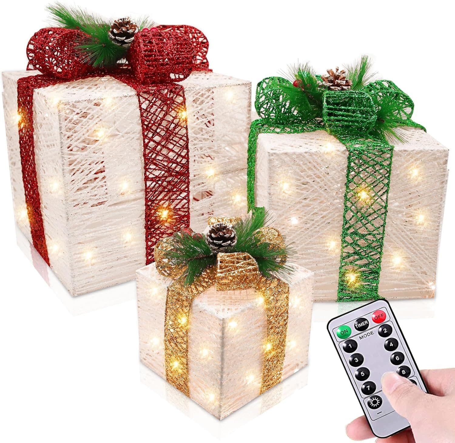 [ Super Large 12"-10"-8" ] 3 Pack 60 LED Christmas Lighted Gift Boxes Decorations