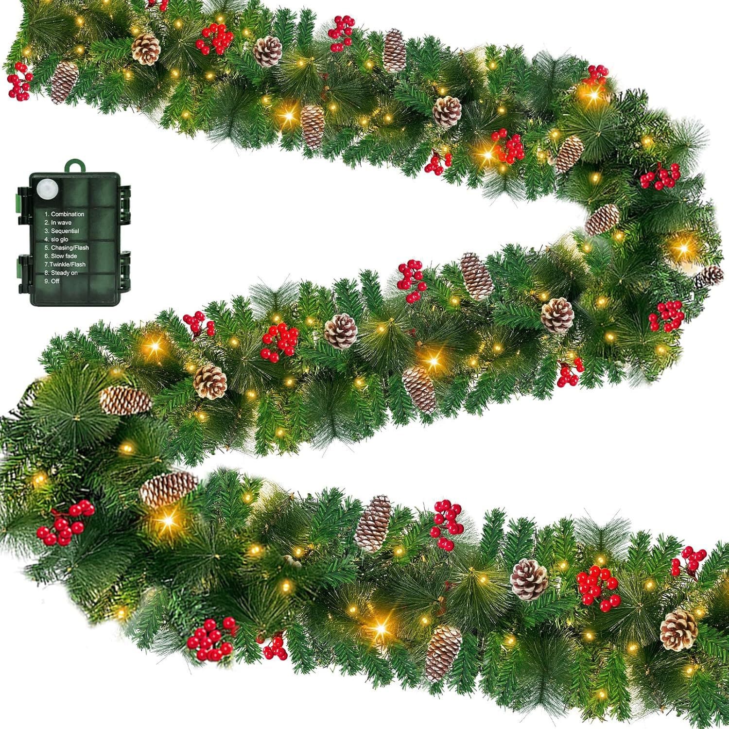 Timer & 2 Pack + 8 Modes 9 Ft Prelit Christmas Garland 50 Warm White LED Lights Cedar garland Battery Operated 300 Thick Branch Bristle Pine 198 Red Berries Pinecones Xmas Decor Garland Indoor