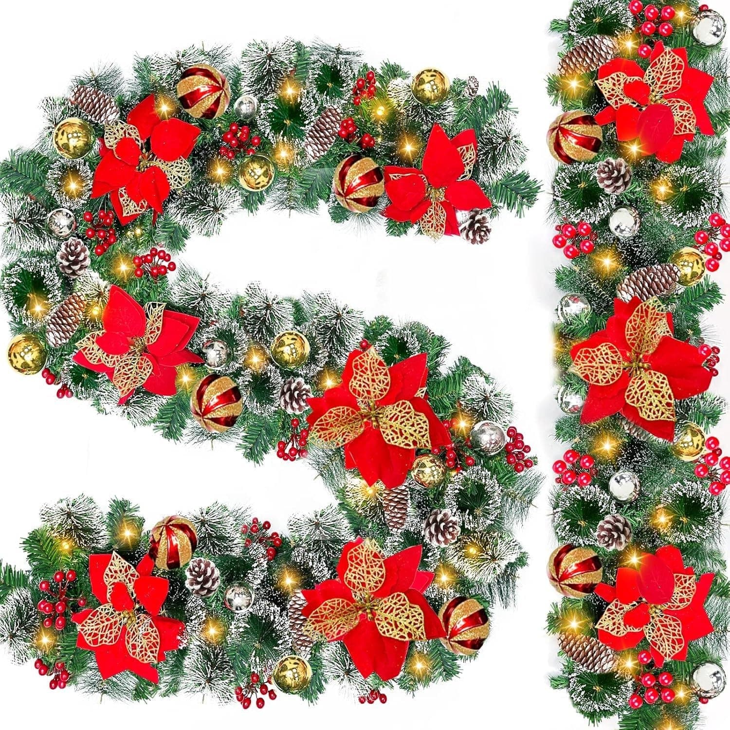 [2 Pack + 8 Mode + Timer] 9 Ft 100 LED Prelit Christmas Garland Lights Decoration 6 Poinsettia 18 Ball 300 Branches Snowy Bristle Pine 18 Pinecones 198 Red Berry Battery Operated Home Indoor Mantle