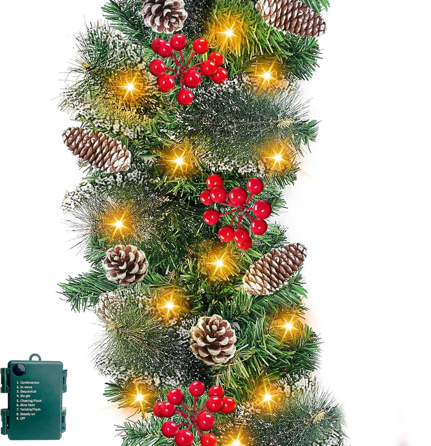 8 Modes ] 2 Pack 9Ft by 10 Inch 50 LED Prelit Christmas Garland Decorations Warm White Lights Thick 300 Snowy Tips 198 Red Berry 18 Pinecone Xmas Decor Garland Indoor