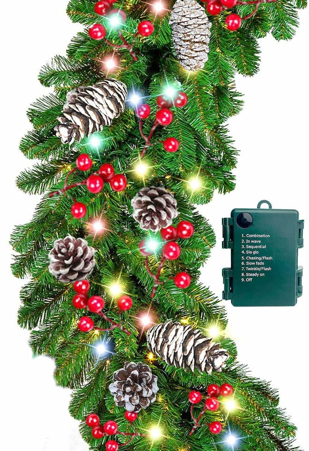 [ Timer & 2 Pack + 8 Modes ] 9 Foot by 10 Inch Christmas Garland Decorations 50 LED Colorful Lights Battery Operated Lighted Garland 300 Branches 198 Red Berries 18 Pinecone Prelit Xmas Garland Indoor Outdoor