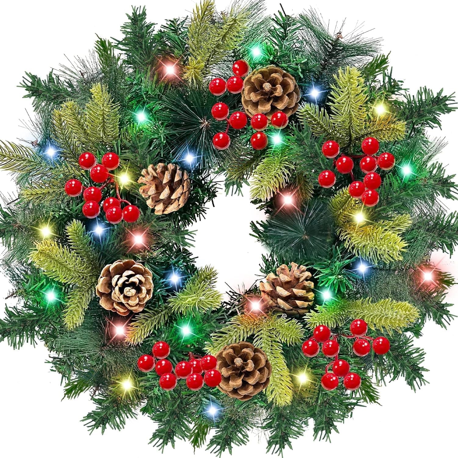 30" Super Thick Pre-lit Christmas Wreath 70 Lights, Pinecones & Berries