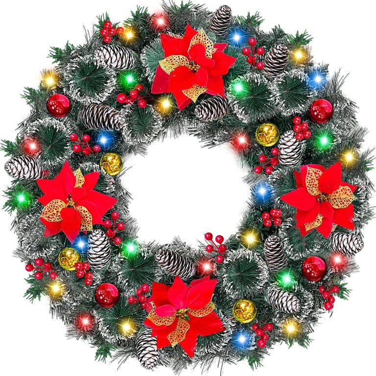 Premium 30-Inch Christmas Wreath with Pine Cones and Red/Gold Ornaments(Colorful)