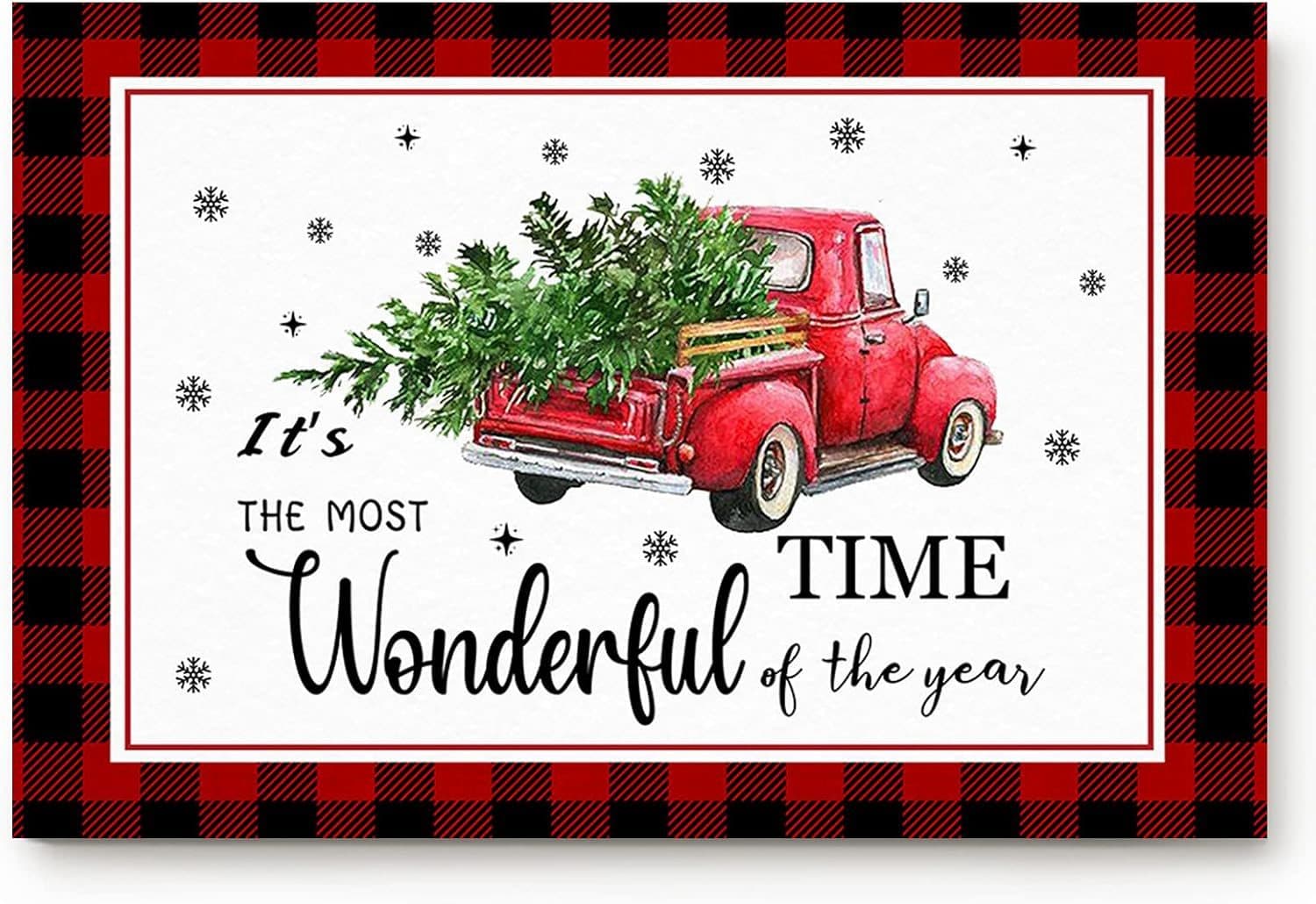 It's The Most Wonderful Time of The Year Christmas Truck Xmas Tree Red Plaid Doormat
