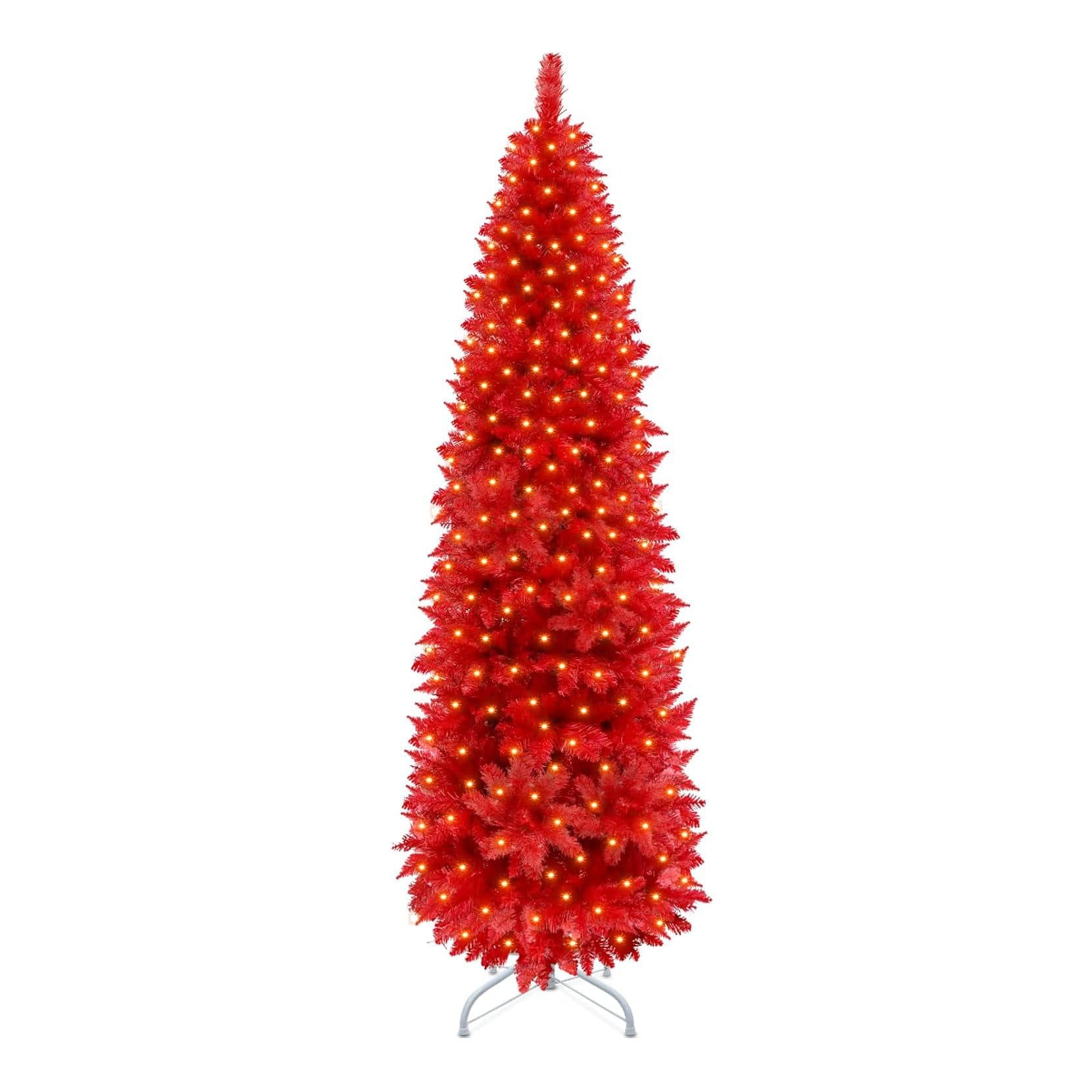 7 Feet Prelit Pencil Christmas Tree Decoration 200 LED Adapter Powered Warm Lights 800 Branch Tips Metal Stand Hinged Artificial Slim Xmas Tree Indoor Outdoor Home Decor Holiday (Red)