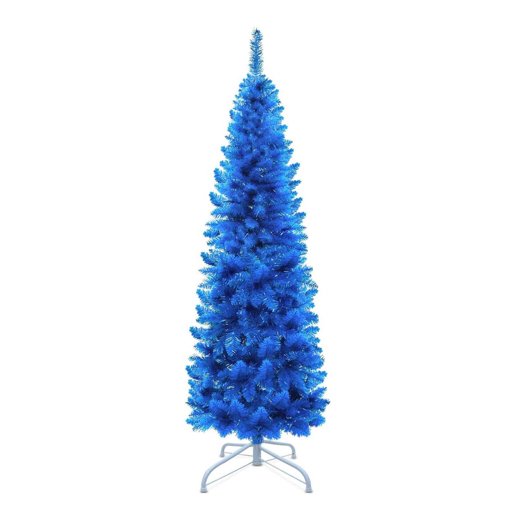 TURNMEON 6 Feet Prelit Pencil Christmas Tree Decoration with Thick 380 Tips, Metal Stand,Premium Realistic Spruce Branch Artificial Christmas Slim Tree Decor Home Indoor Outdoor Party Holiday (Blue)