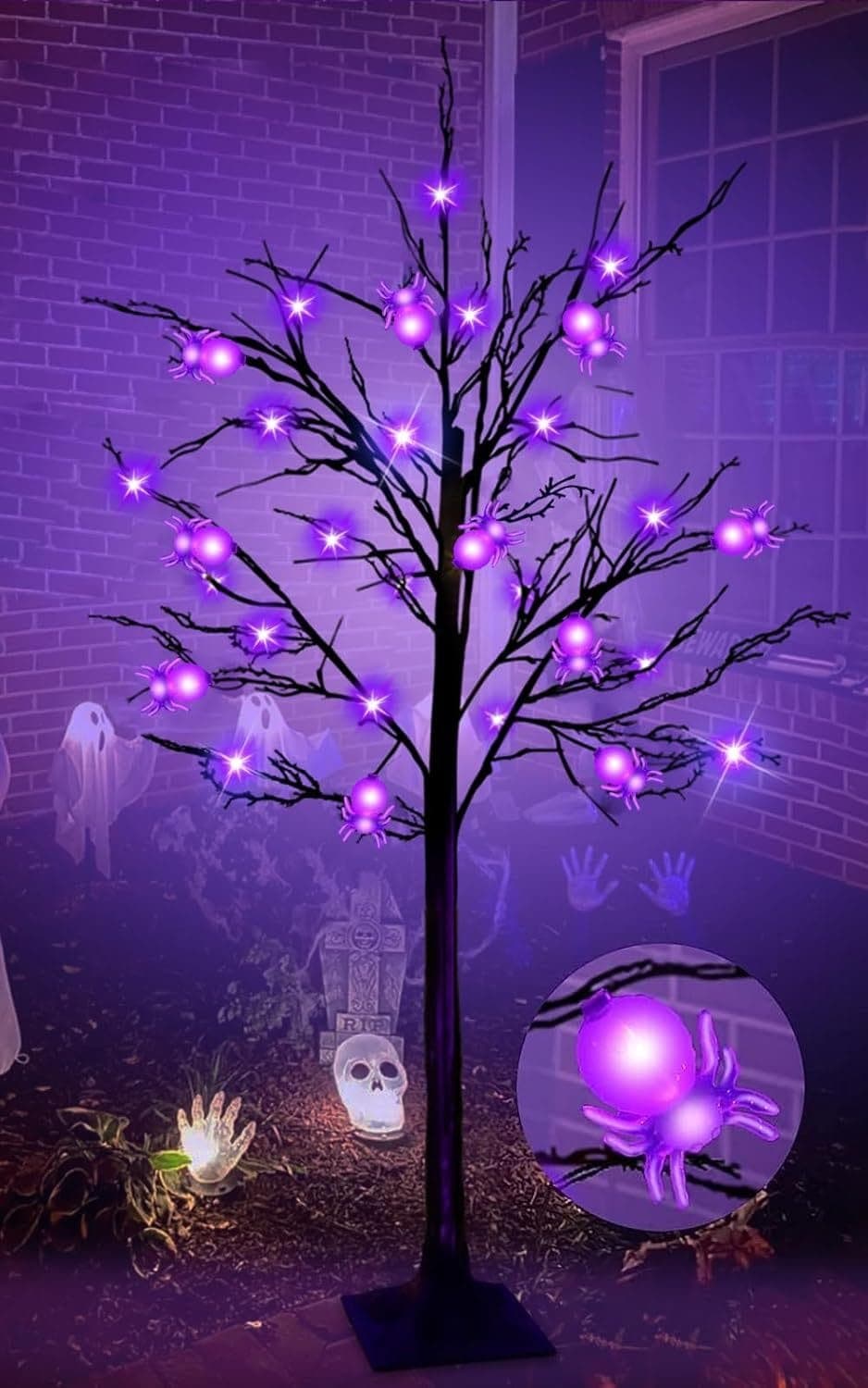 [Timer] 4 Ft Halloween Tree Decorations Black Spooky Tree with 48 LED Purple and 10 DIY Spiders Ornaments