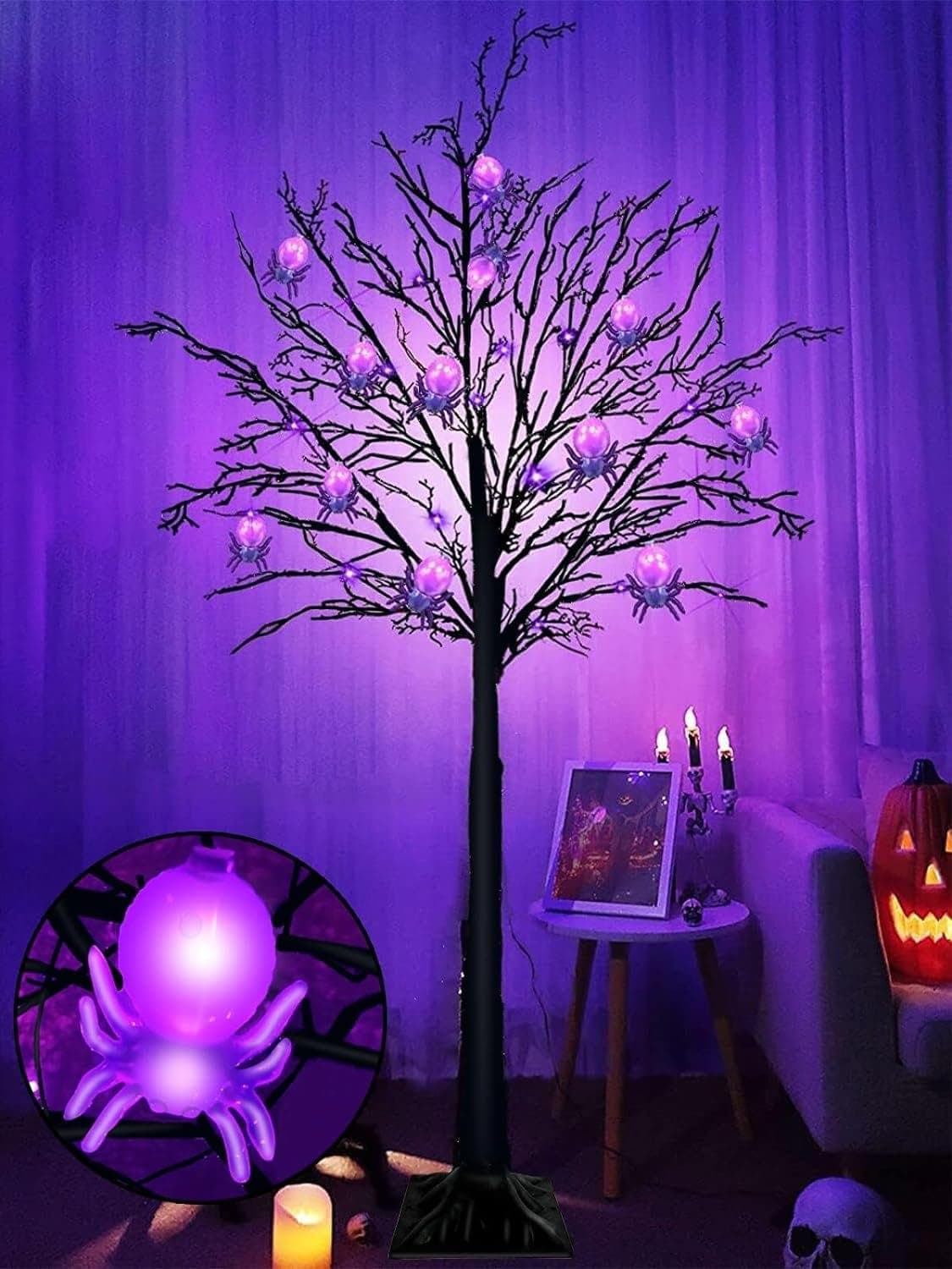 5ft Black Twig Tree with 64 LED Lights DIY 14 Spiders[Timer]