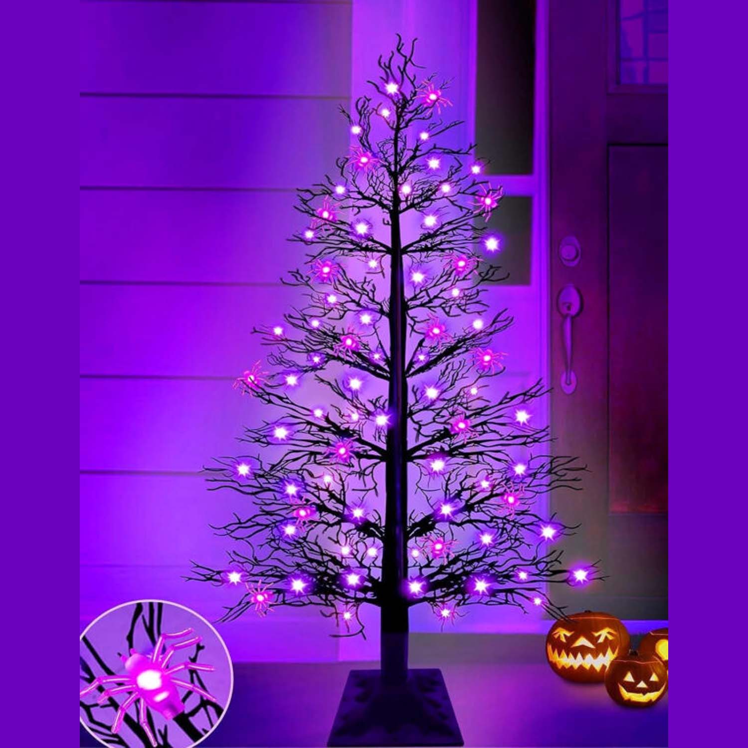 4ft Black Halloween Tree with 70 LED Lights & 15 Spiders