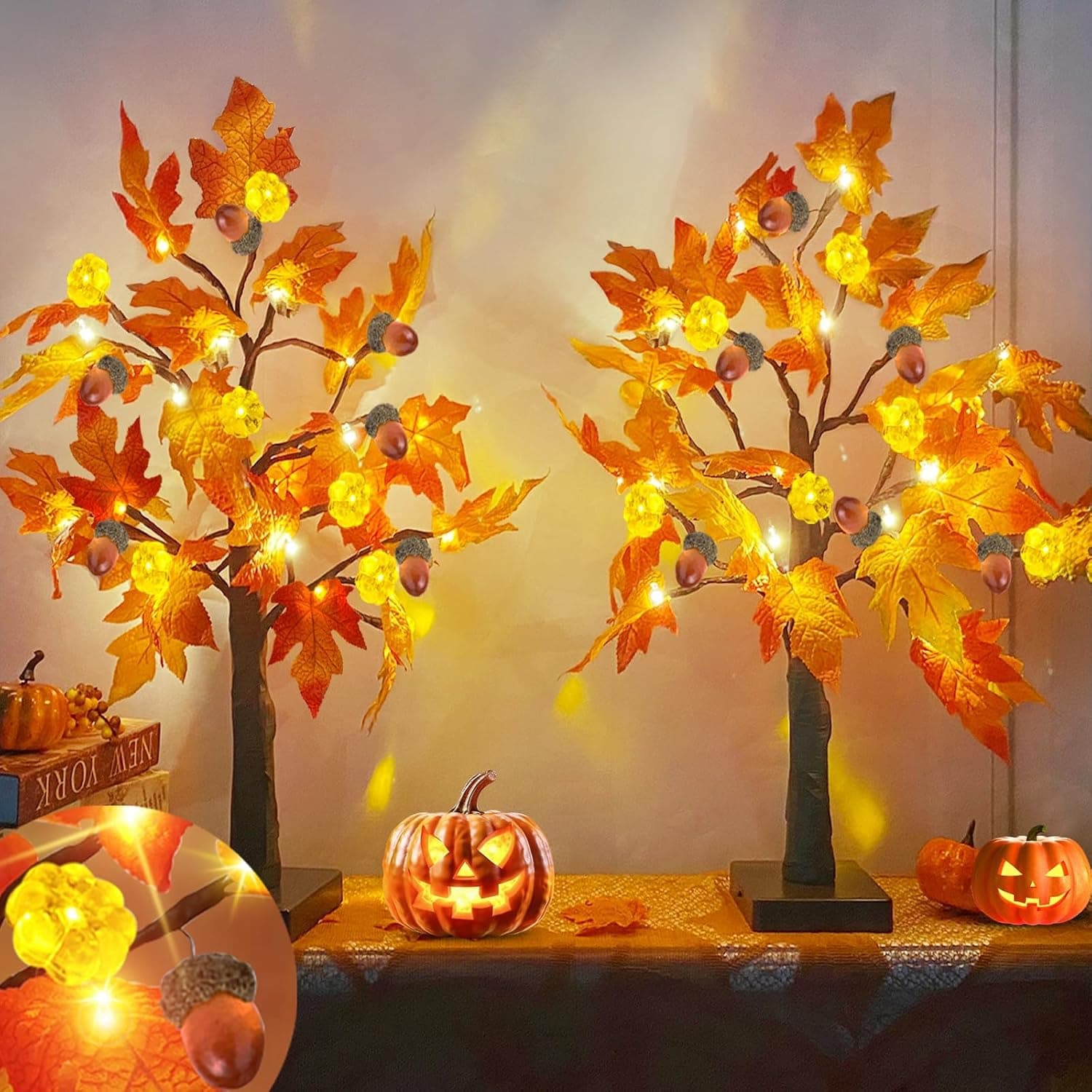 [ 2 Pack & Timer ] 20 Inch Prelit Fall Lighted Maple Tree Decor with 48 LED Battery Operated Artificial Tabletop Pumpkin Acorns Maple Tree Autumn Harvest Party Home Indoor Halloween Thanksgiving Decor