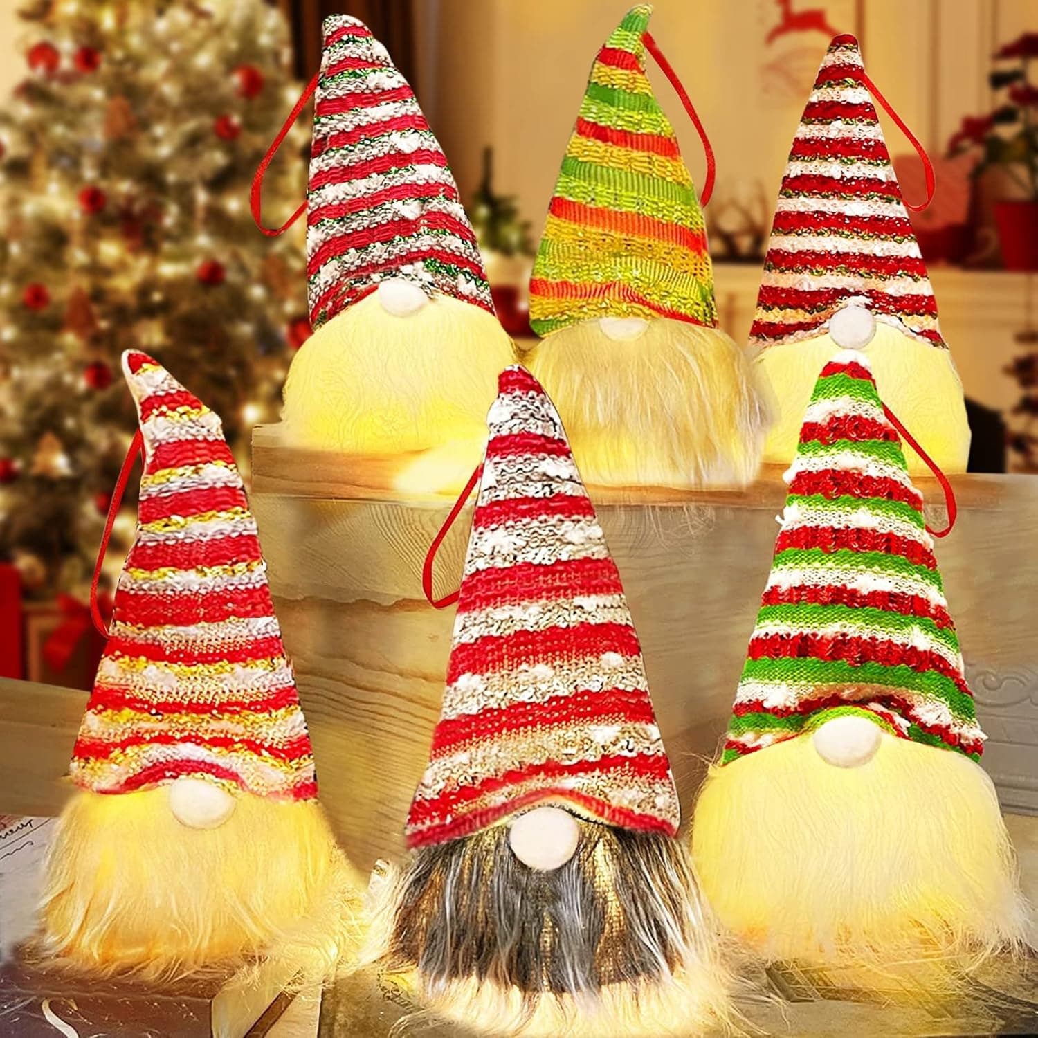 TURNMEON 6 Pack Lighted Gnomes Christmas Tree Hanging Ornaments Decorations, Swedish Tomte Plush Gnomes Santa Elf Warm Lights Xmas Table Ornaments Christmas Tree Decorations Home Indoor Holiday Decor