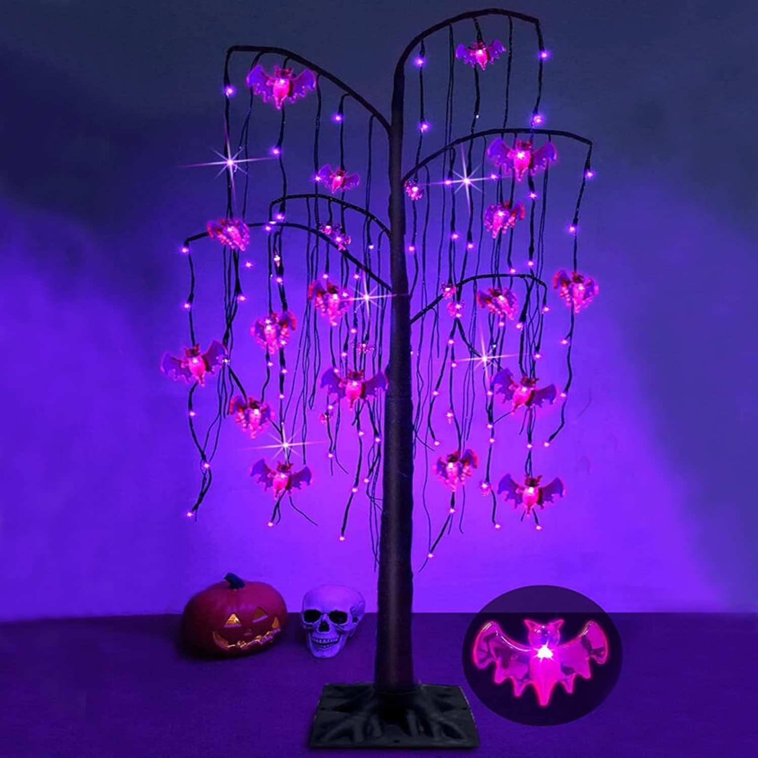 5Ft Halloween Willow Tree with Timer + 108 LED Light + Bats