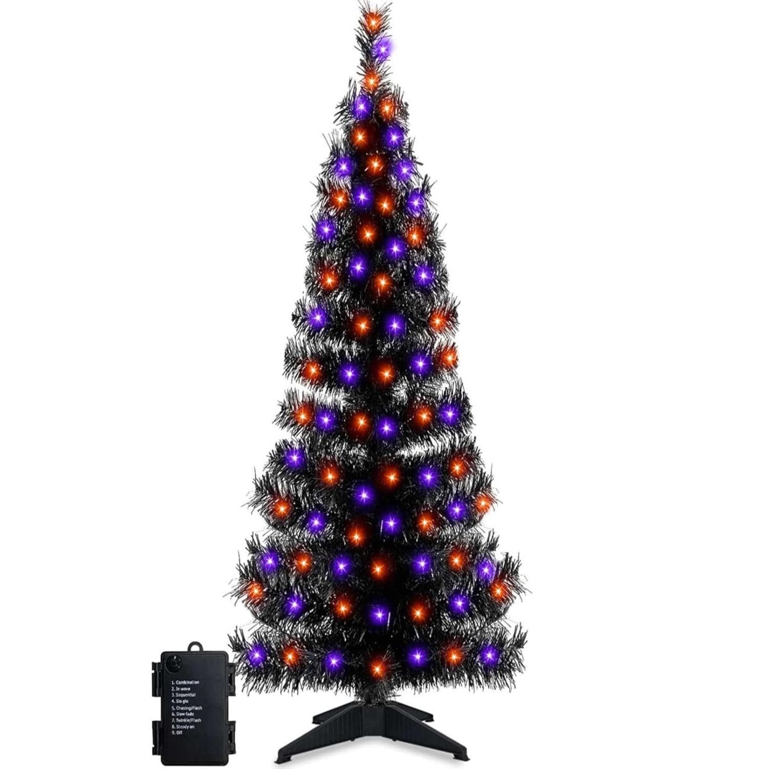 [ 8 Modes Timer ] TURNMEON 4 Feet Black Halloween Tree with 80 Orange Purple LED Lights Battery Operated 156 Tinsel Branch Tips Artificial Halloween Tree Halloween Decoration Indoor Outdoor Home Decor