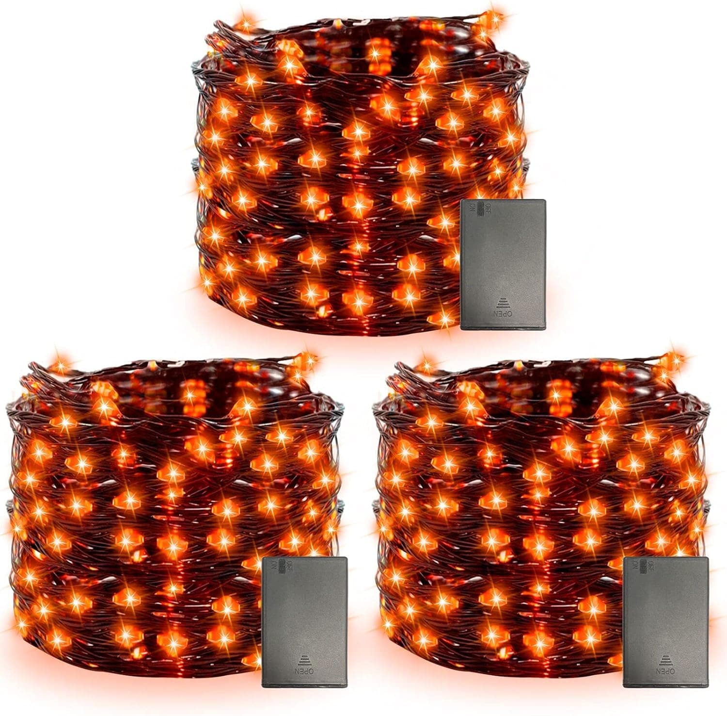 TURNMEON [3Pack&Timer] Halloween Lights Decorations, Total 150LED/50Ft Black Wired String Fairy Orange Lights Battery Operated Halloween Decor Indoor Outdoor Garden Yard Party, 50LED/16.4Ft Each