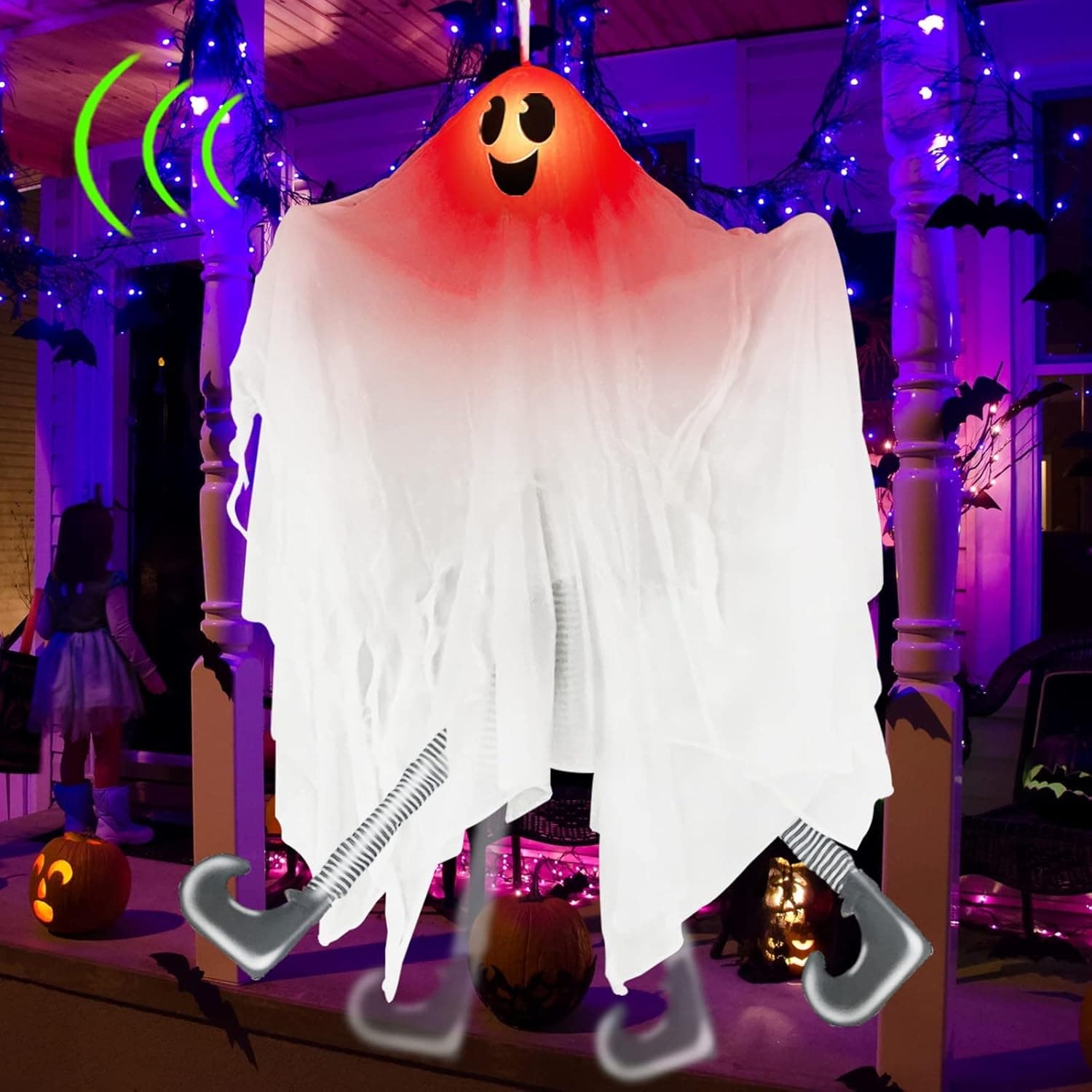 [ Kicking ] Hanging Halloween Ghost Decorations Outdoor, Sound Activated & Light Up & Moving Legs & Creepy Sound 30 Inch Flying Ghost for Halloween Decorations Front Yard Patio Lawn Garden Party Decor