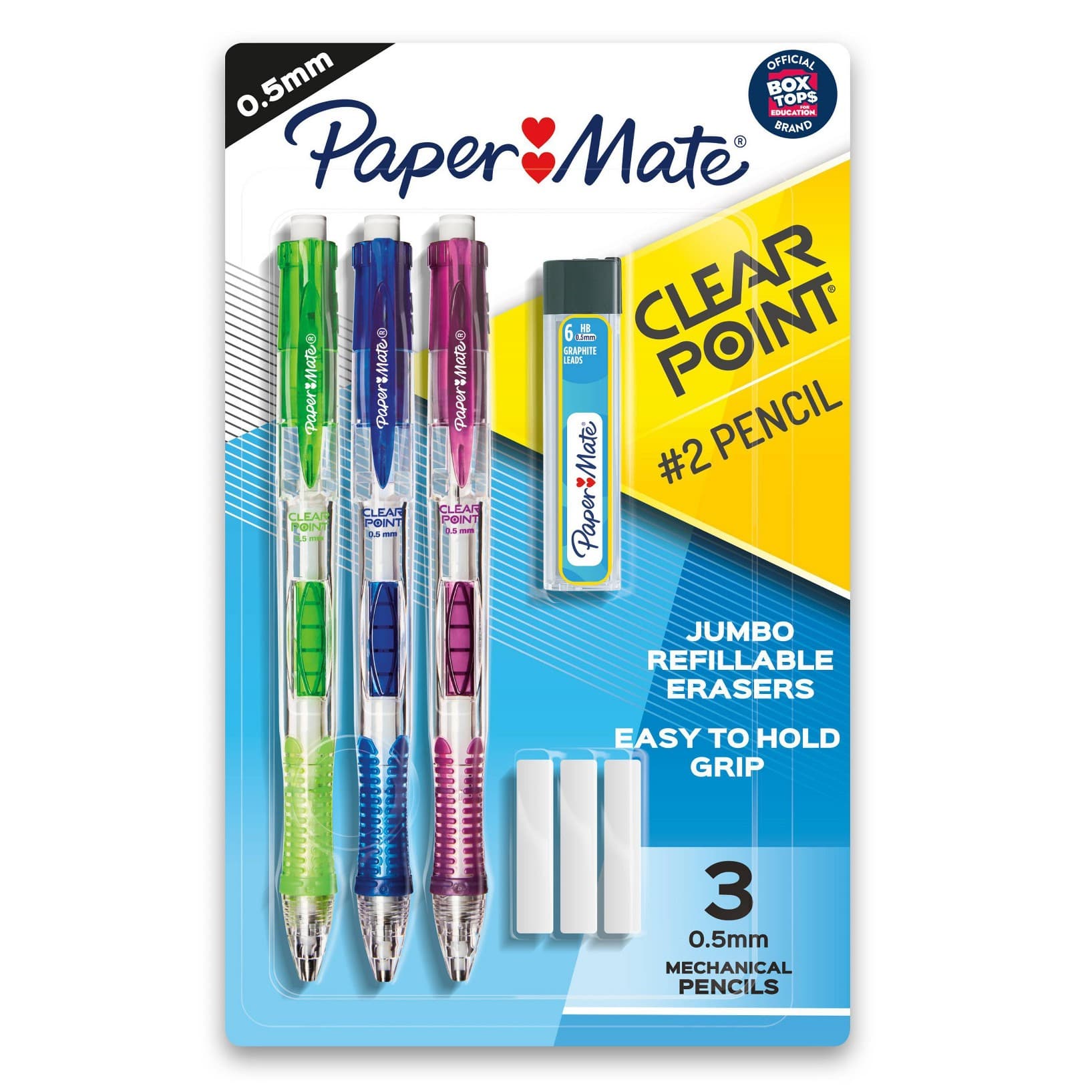 Paper Mate Clear Point 3pk 2 Mechanical Pencils with Eraser & Refill 0.5mm Green/Blue/Purple
