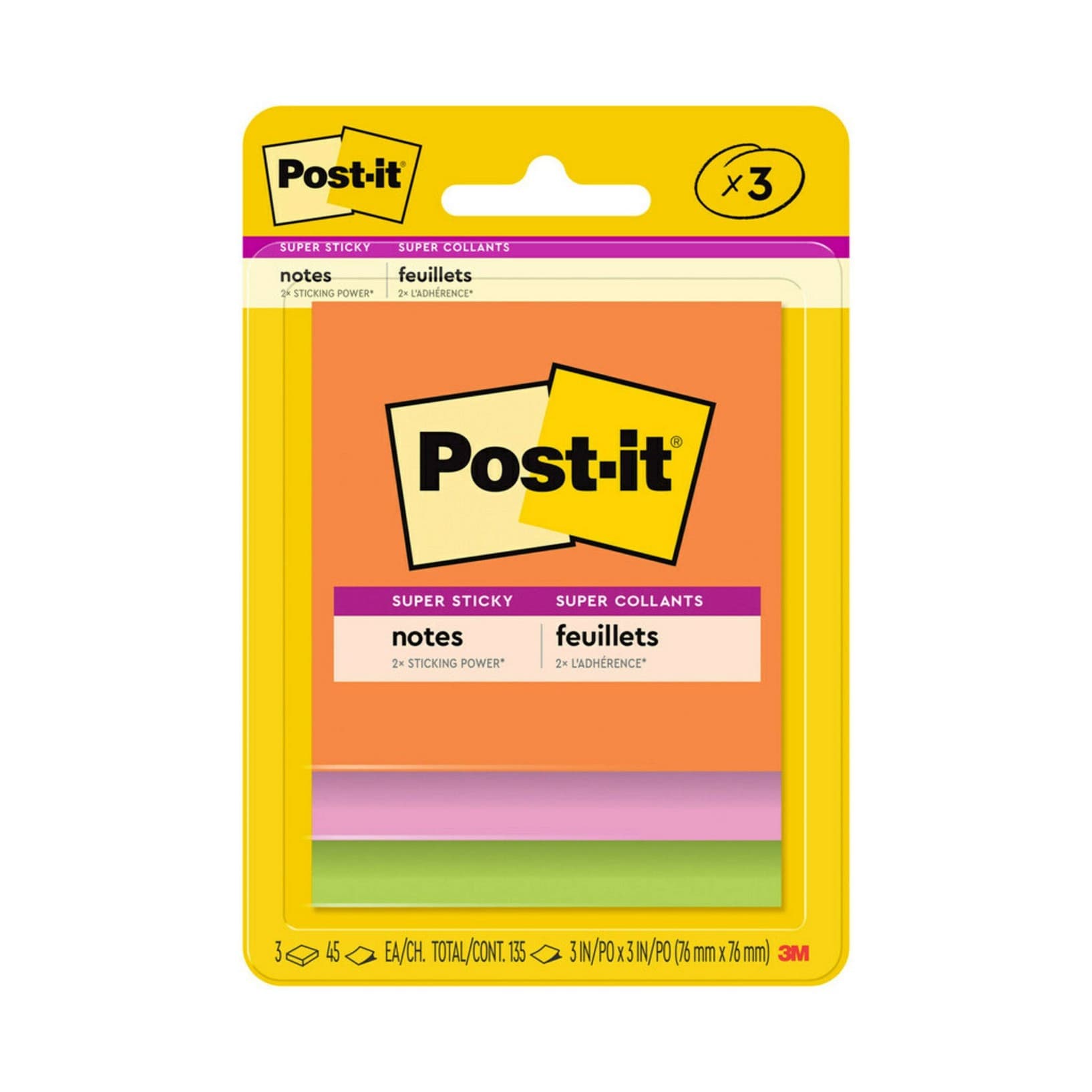 Post-it® Super Sticky Notes, 3 in. x 3 in., Energy Boost Collection, 3 Pads/Pack