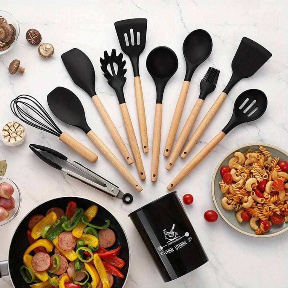 12pcs Kitchen Utensil Set, Wood Handle Silicone Cooking Utensils Set with Holder