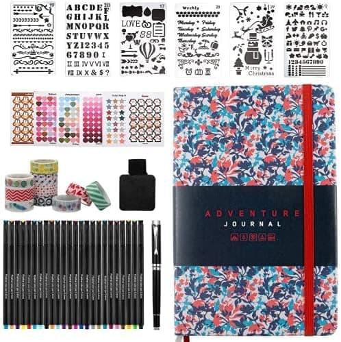 OLIKER Dotted Bullet Journal Kit with Faux Leather A5 Bullet Grid Colorful Cute Notebooks with 24 Fineliner Colored Pens, 6 Stencils, 6 Sticker Sheets, 10 Washi Tapes, 1 Black Pen for Kids,Women etc