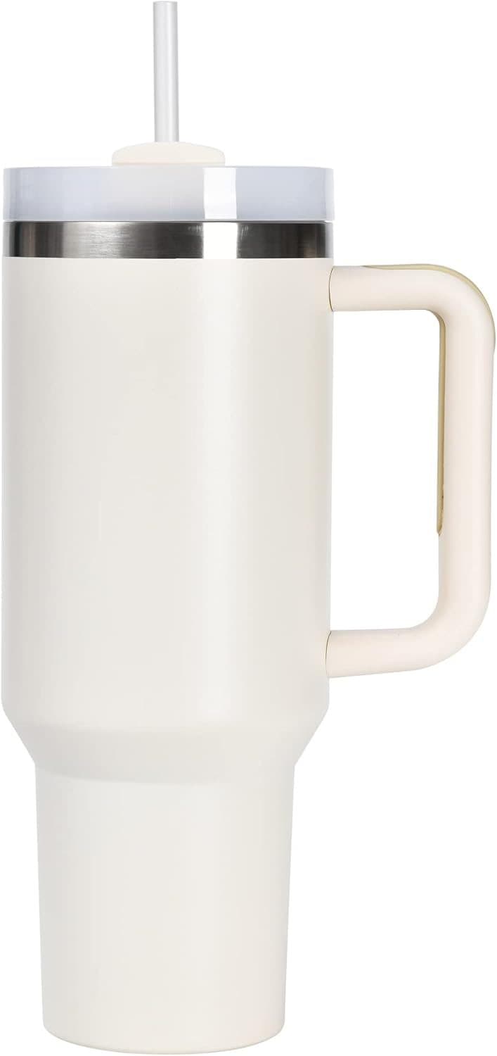 40oz Tumbler with lid, Starw and Handle, Stainless Steel Vacuum Insulated Water Bottle Travel Mug for Iced Coffee, Hot and Cold Tea, Beverages (40oz Beige)