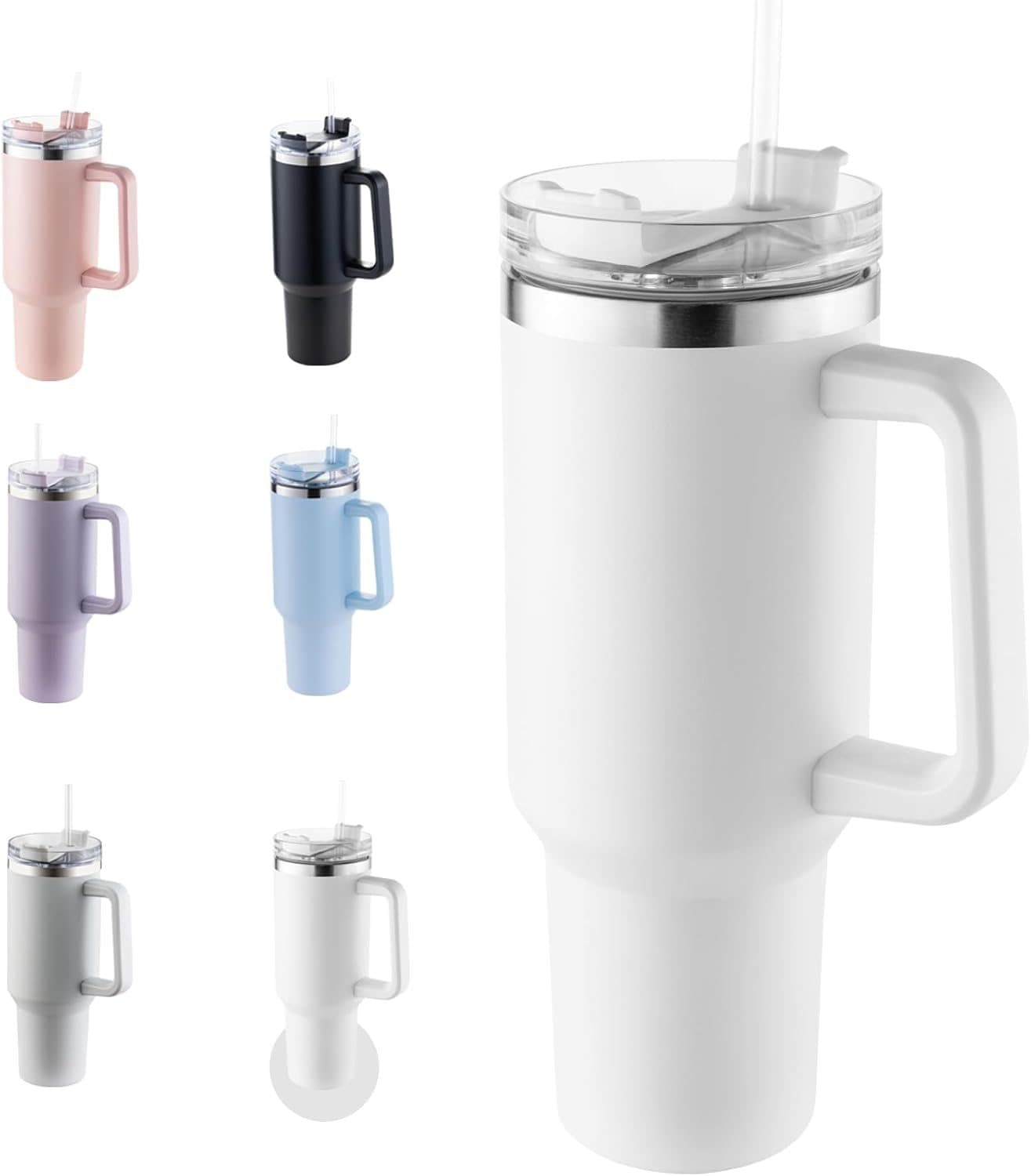 40 oz Tumbler with Handle, Keep Cold 40 Hours Stainless Steel Tumbler with Lid and Straw Double Wall Vacuum Reusable Sports Water Bottle with Handle Travel Coffee Mug, White, Frost