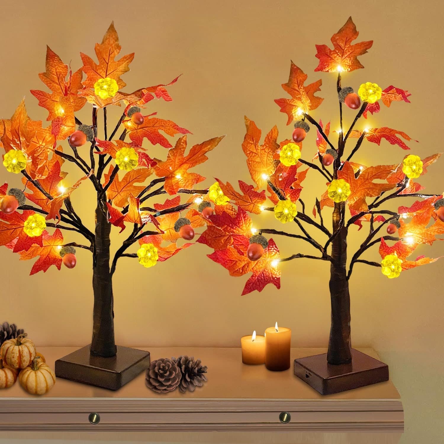[ 2 Pack & Timer ] TURNMEON 24 Inch Lighted Maple Tree Fall Decor, Total 48 LED Battery Operated Tabletop Artificial Tree Design Patent Pumpkin & Acorn Thanksgiving Halloween Decoration Home Indoor