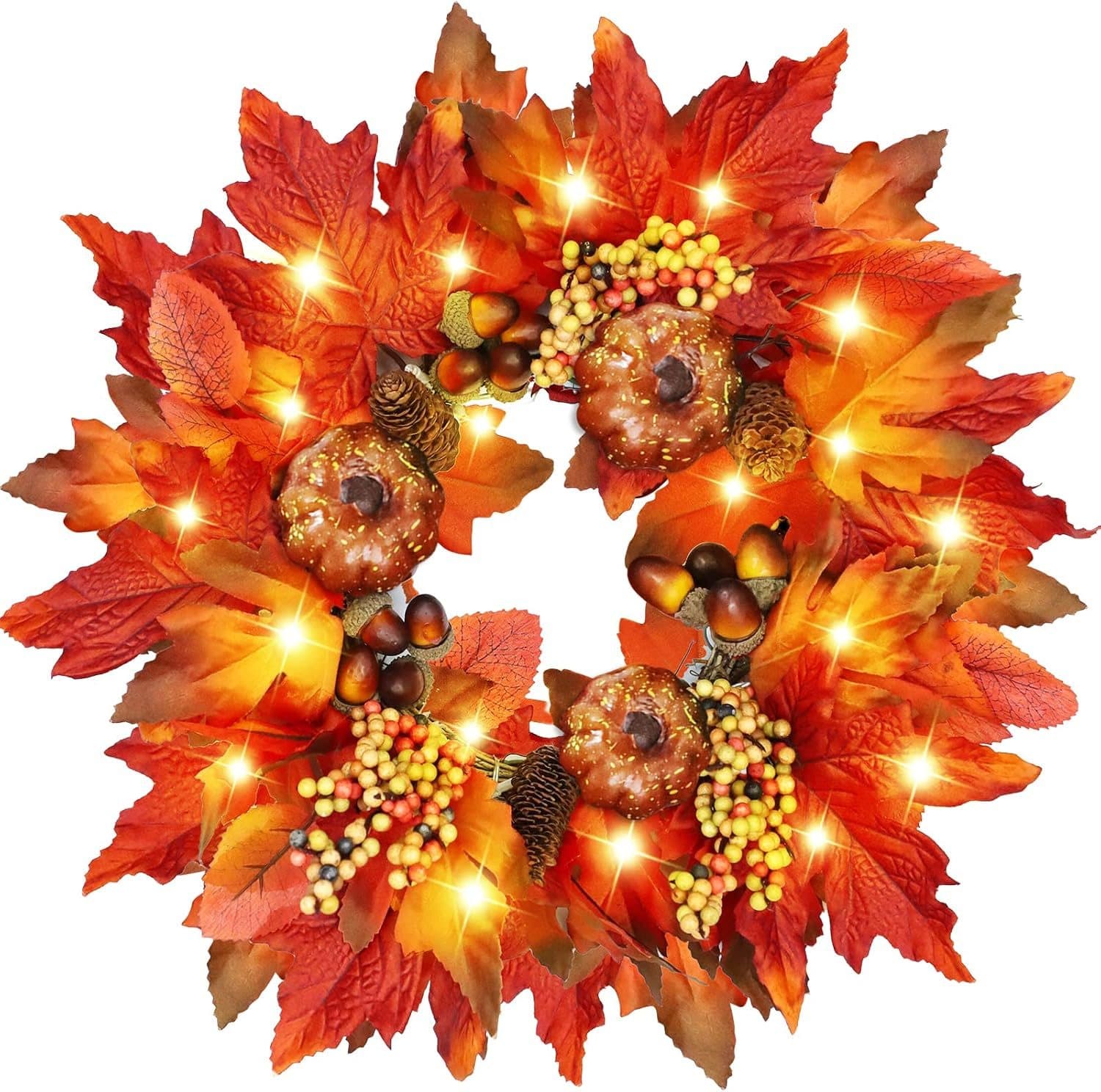 [Prelit & Timer] 16 Inch 20 LED Thanksgiving Wreaths for Front Door Fall Wreath with Lights Thanksgiving Wreath Maples Leafed Pumpkin Pine Cone Berry Autumn Wreath Thanksgiving Decorations Outdoor