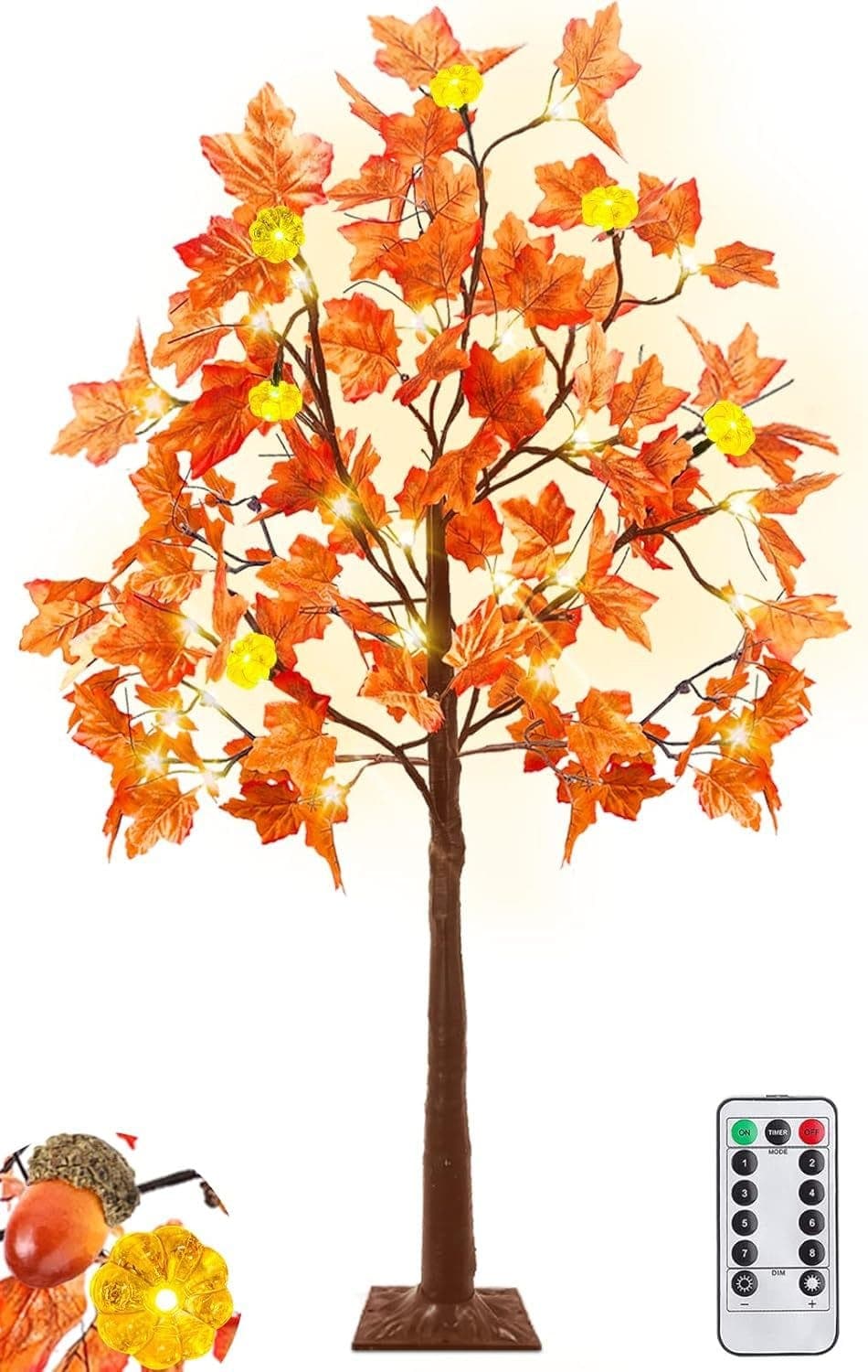 TURNMEON 4 Ft Prelit Lighted Fall Maples Tree Thanksgiving Decorations with Timer 3D Patented Pumpkin Lights 48LED Warm Lights 8 Light Modes Remote Control Acorns for Fall Thanksgiving Decor for Home