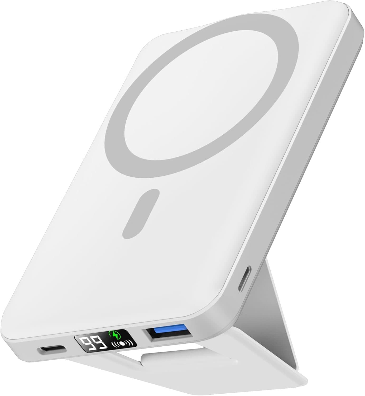 Podoru for Magsafe Battery Pack, Foldable 10000mAh Magnetic Power Bank with USB-C Cable LED Display 22.5W PD Fast Charging Wireless Portable Charger for iPhone 16/15/14/13/12 Series-White