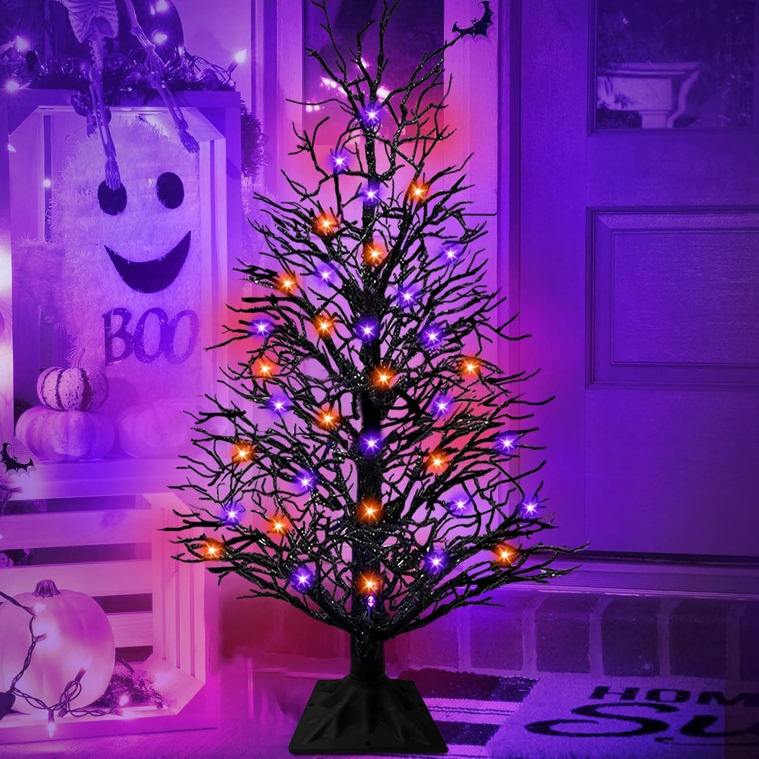 3 Ft Black Twig Tree with 48 Purple & Orange Lights(Timer)