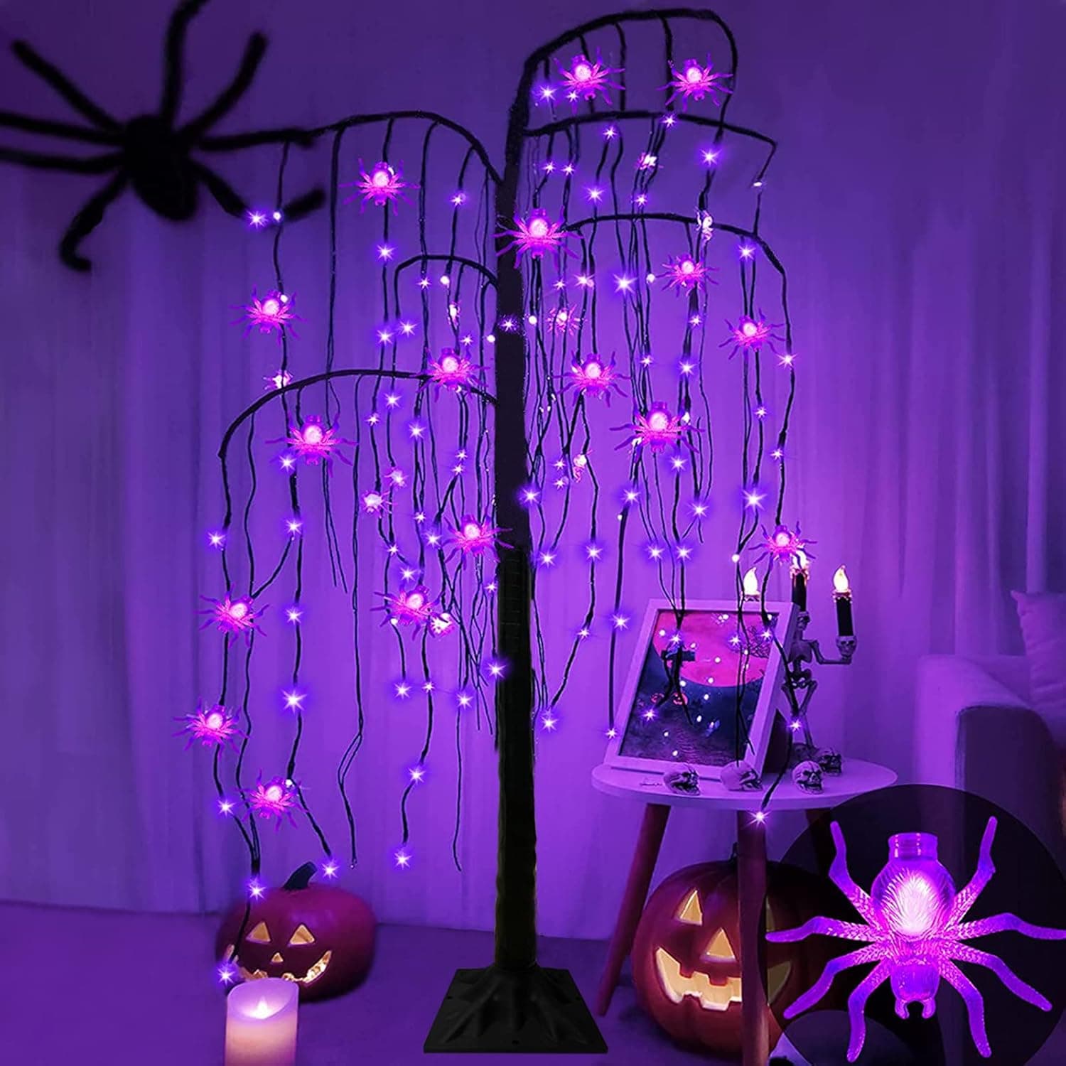4Ft Halloween Willow Tree with Timer + 84 LED Light + Spider