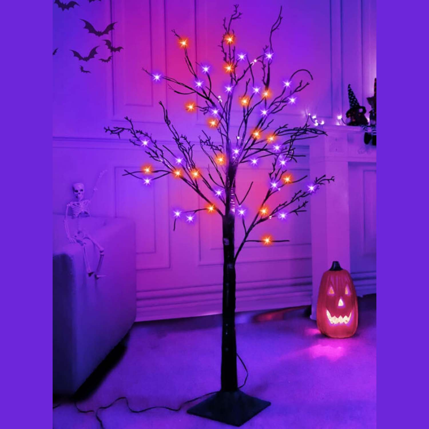 4 Ft Orange & Purple Lighted Black Halloween Twig Tree