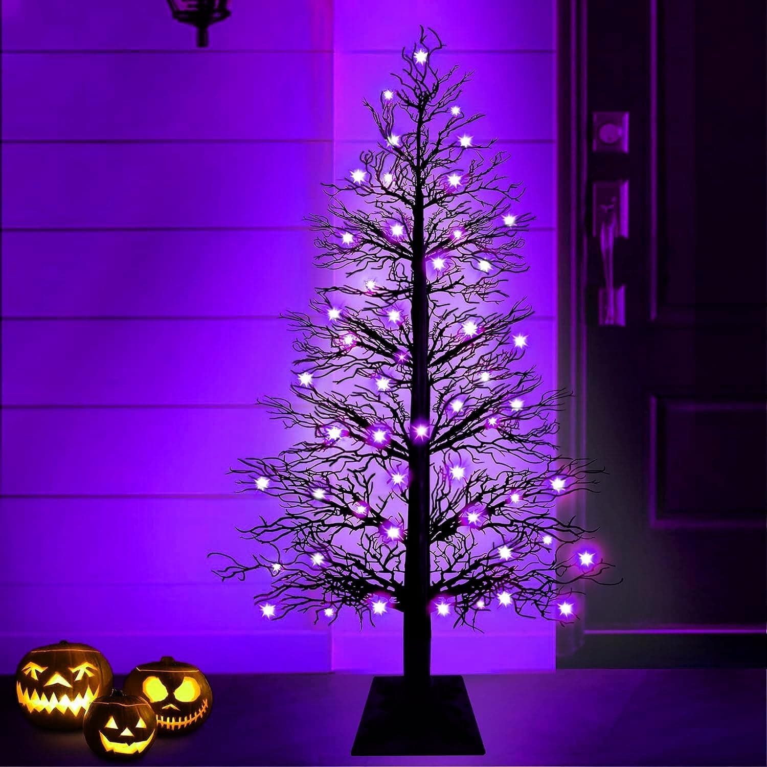 4 Ft Black Twig Tree with 70 LED Purple Lights battery-operated