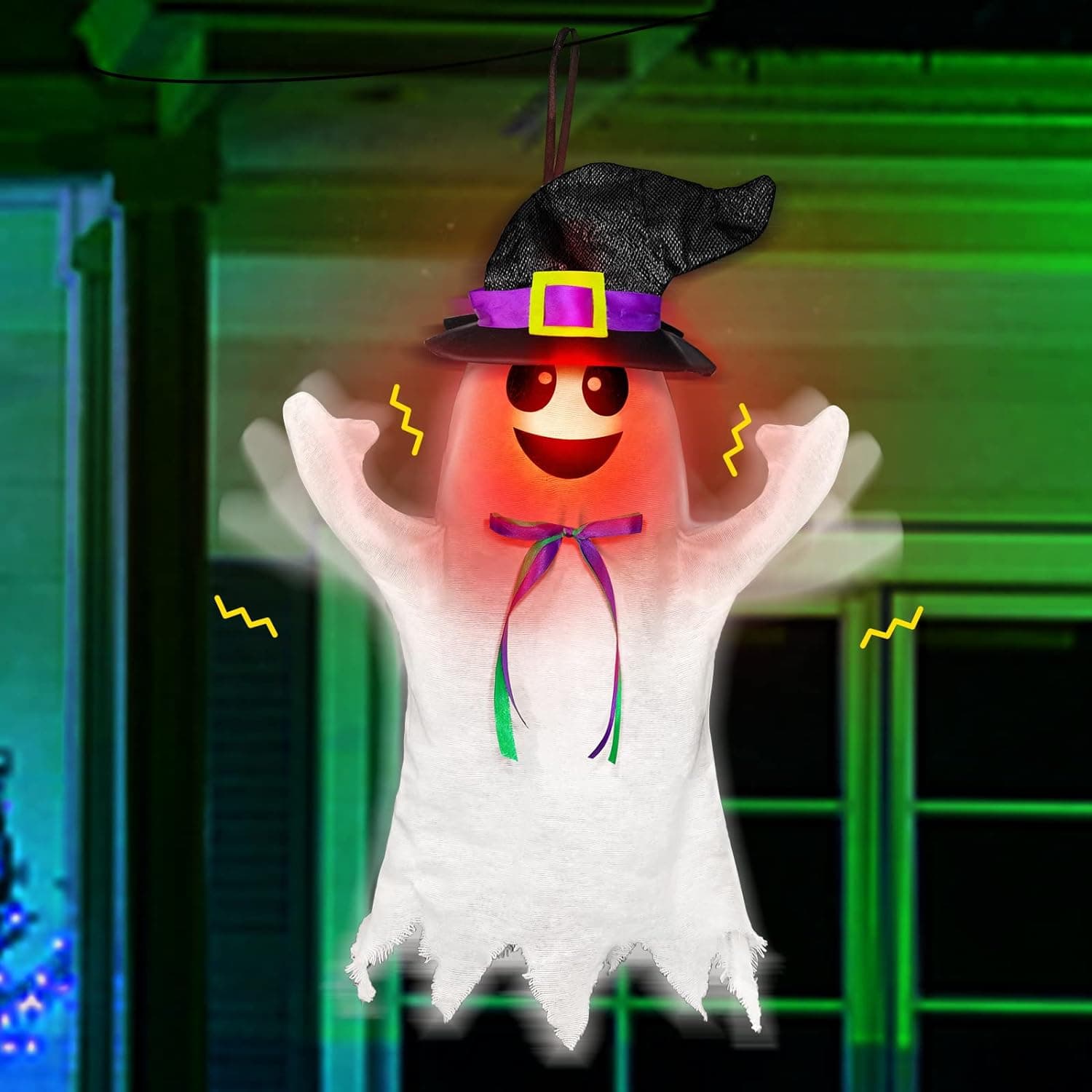 Halloween Hanging Decoration Light up Animatronic Ghost with Creepy Sound Shake Hands Flying Ghost Scary Halloween Decor Props Yard Patio Garden Indoor Outdoor