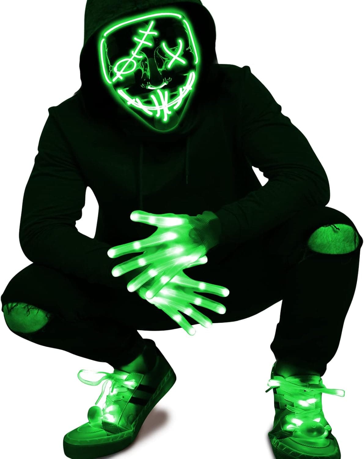 3 Set Halloween LED Mask Light Up Gloves and Glow Shoelaces Scary Mask Halloween Costume Cosplay Party for Adults Kid