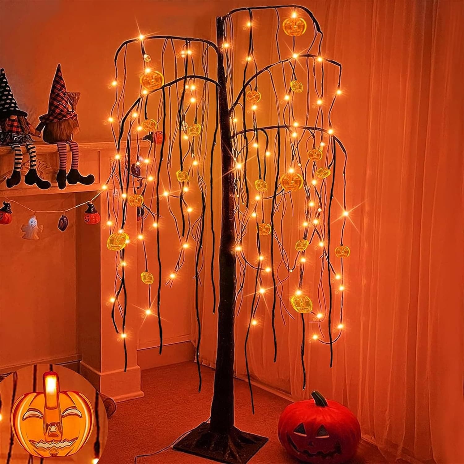 5FT Halloween Willow Tree with 108 LED orange pumpkin lights