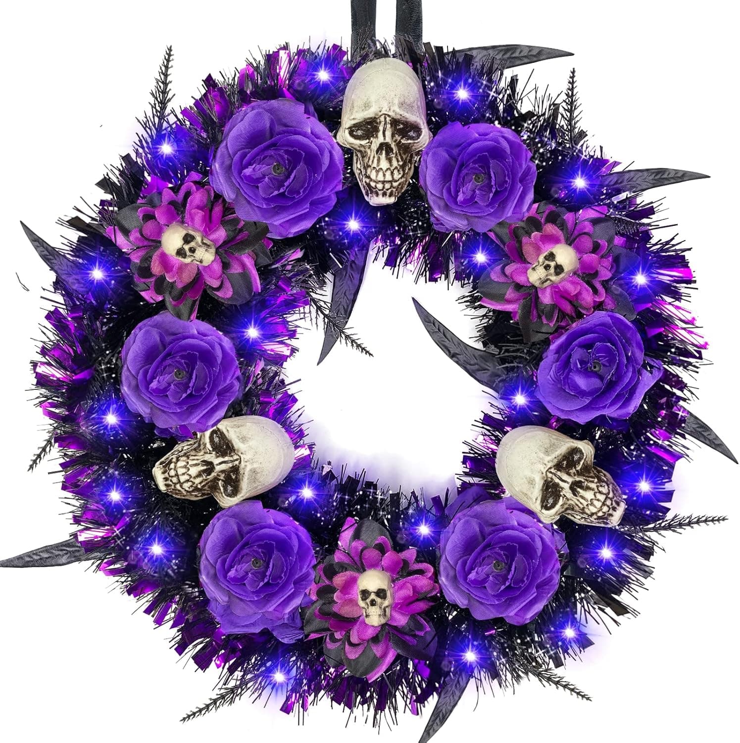 TURNMEON 16 Inch Prelit Halloween Skull Wreath for Front Door Decor, 20 LED Purple Lights Battery Operated Skeleton Roses Black Natural Feathers Wreath Halloween Decorations Home Indoor Outdoor Wall