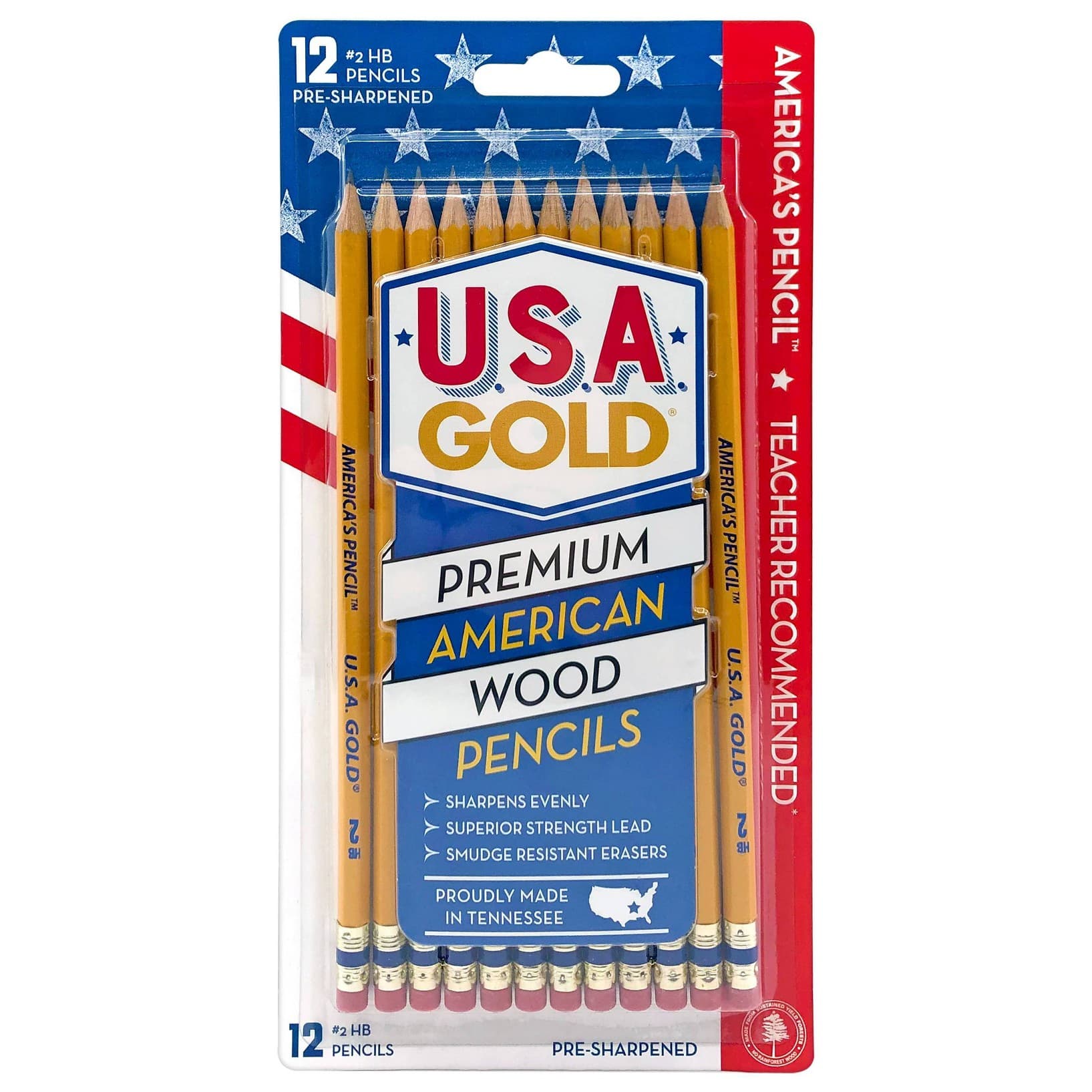 12ct 2 HB Pencils 2mm Pre-sharpened Premium American Wood Yellow - U.S.A. Gold