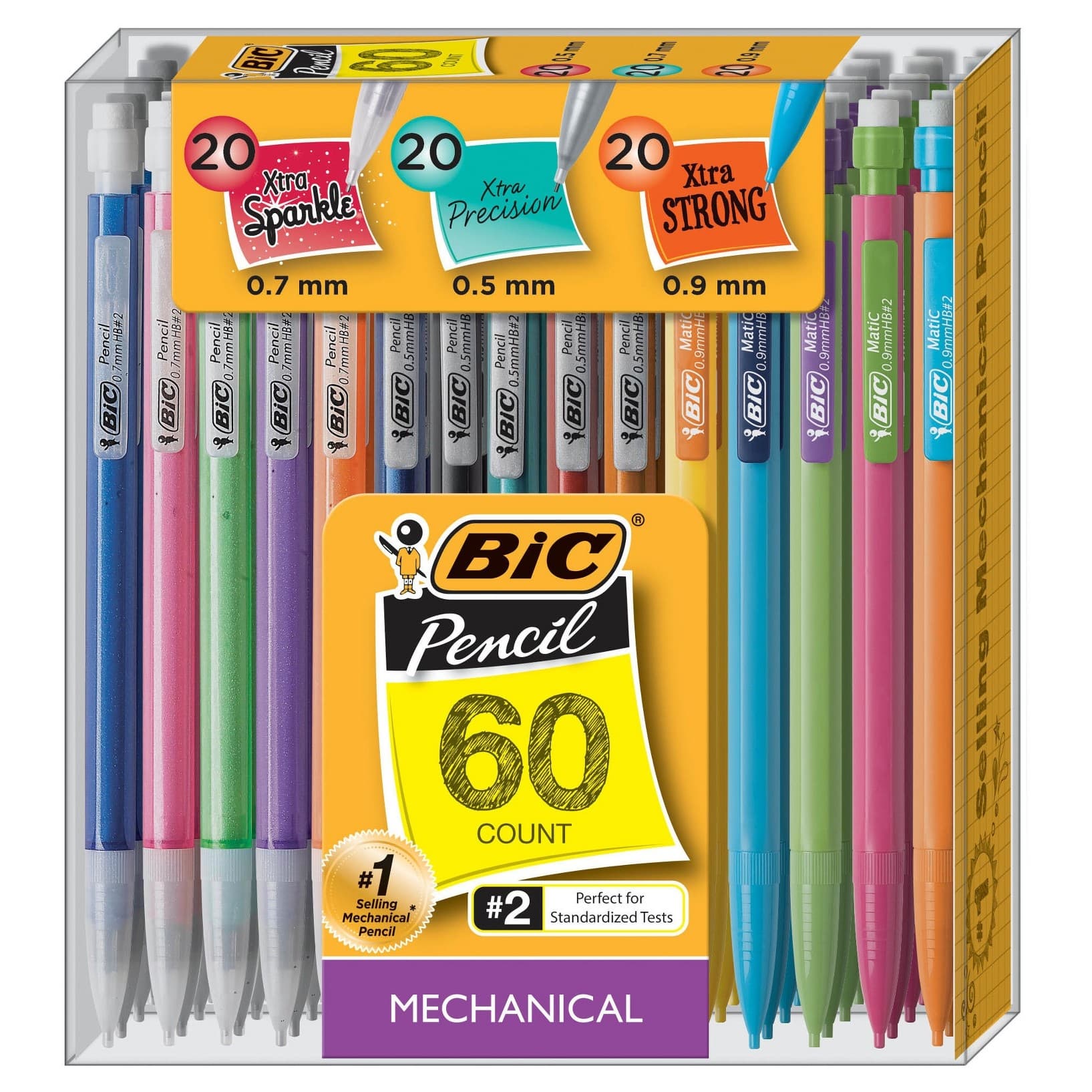 BIC Mechanical 2 Pencil Variety Pack 60ct: School Supplies, 0.7mm, 0.5mm, 0.9mm, Plastic, Pocket Clip, Kids 5+
