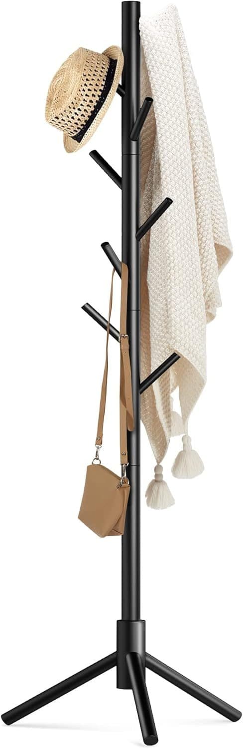 Wooden Coat Rack Stand with 8 Hooks New Zealand Pine Adjustable Coat Standing Tree Easy Assembly for Coats, Hats, Scarves and Handbags for Entryway, Hallway, Bedroom, Office
