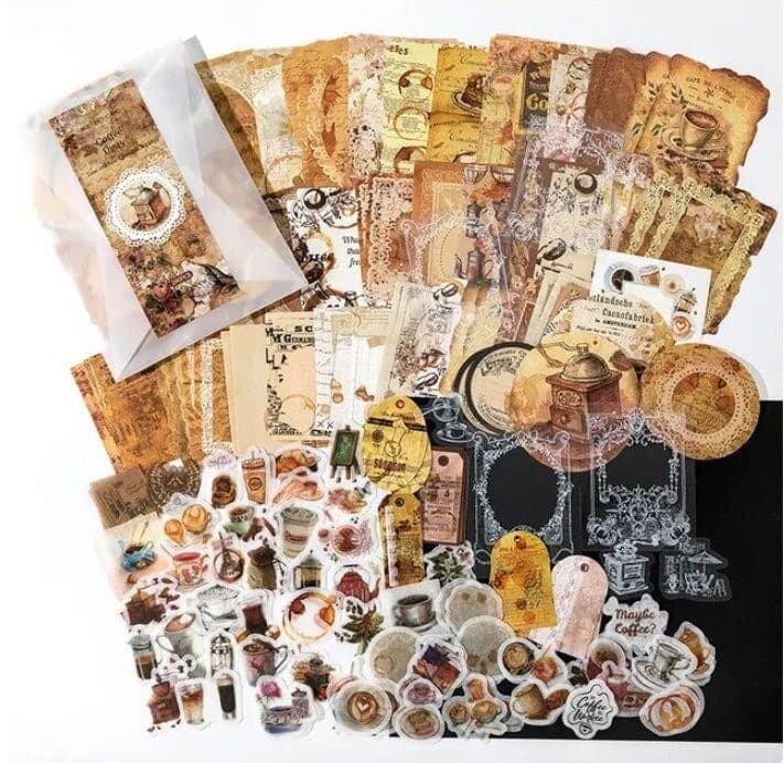 200 Pcs Coffee Junk Journal Kit, Vintage Sticker Pack, Memo Deco Paper, Ephemera, Label Tag, Coffee Stains, Coffee Beans, Cup, Cafe, Plant