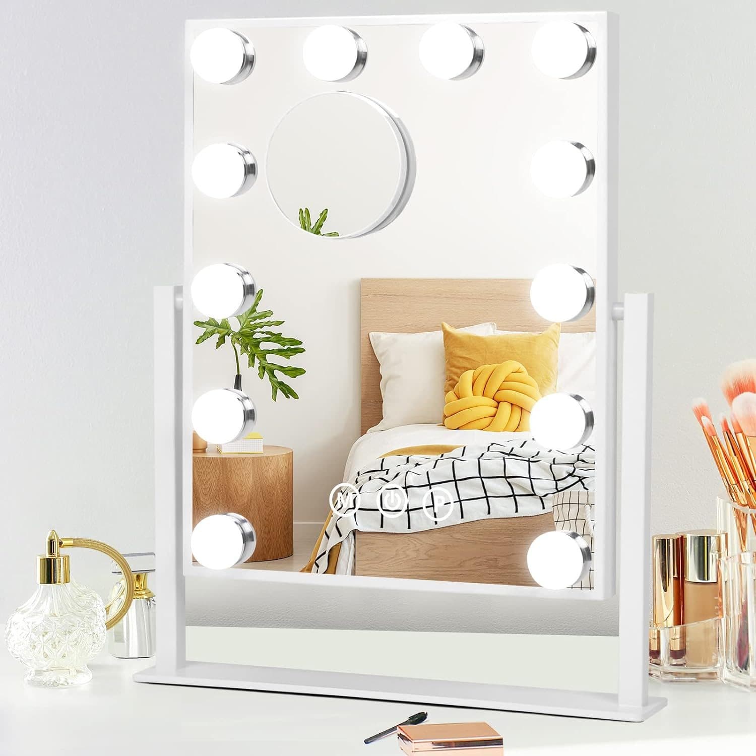 Lighted Makeup Vanity Mirror with Lights - Hollywood Desk LED Mirror with 12 Dimmable Bulbs for Bedroom Table, 3 Color Lighting Light Up Mirror, Detachable 10x Magnifying Mirror, White