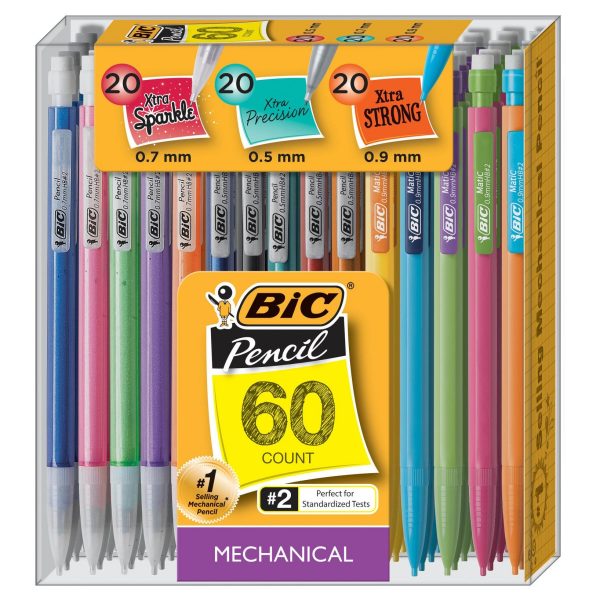 BIC Mechanical 2 Pencil Variety Pack 60ct: School Supplies, 0.7mm, 0.5mm, 0.9mm, Plastic, Pocket Clip, Kids 5+